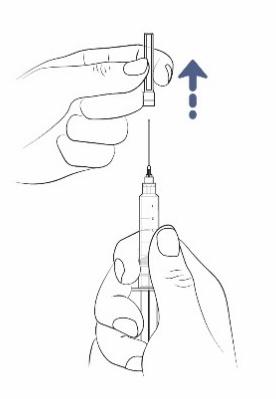 Mano che tiene una siringa preriempita con ago rivolto verso l