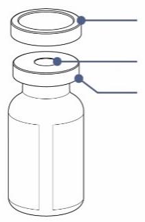 Fiala medicinale con tappo e guarnizione indicati da linee e punti blu per illustrare le componenti