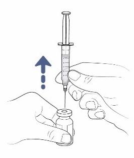 Mano che tiene una siringa con ago inserito in un flacone medicinale, freccia blu indica direzione di aspirazione