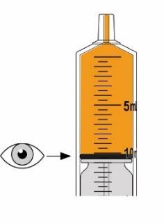 Fiala di medicinale arancione con indicatore di volume graduato fino a 5ml e occhio stilizzato che guarda verso la fiala