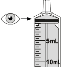 Fiala graduata trasparente con liquido scuro interno e indicazioni di volume 5ml e 10ml, con occhio stilizzato che osserva