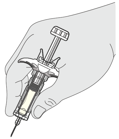 Mano che tiene una siringa preriempita con ago inserito nella pelle, dettaglio del meccanismo di iniezione e del pistone