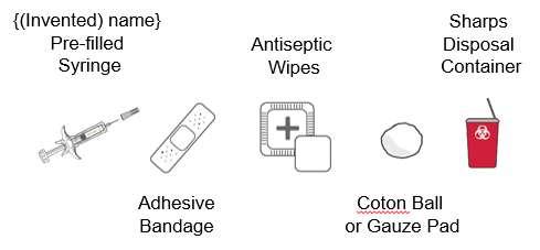 Siringa pre-riempita, salviette antisettiche, cerotto adesivo, batuffolo di cotone o tampone di garza e contenitore per oggetti appuntiti rossi