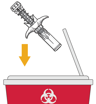 Siringa con ago rivolta verso un contenitore per rifiuti speciali rossastro con simbolo biohazard e freccia gialla indicante la direzione
