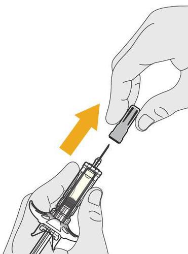 Siringa con ago e dispositivo di sicurezza grigio collegato freccia arancione indica la direzione di rimozione