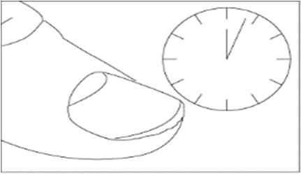 Disegno schematico di un braccio con un cerchio che indica un orologio e una freccia che punta verso l