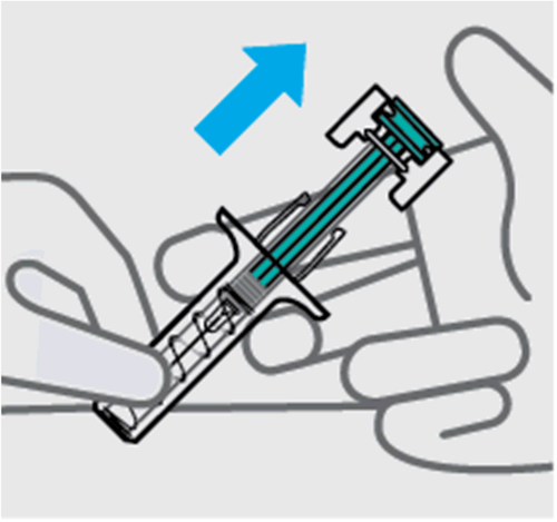 Siringa pre-riempita con ago protetto da cappuccio blu, tenuta tra due dita stilizzate per l