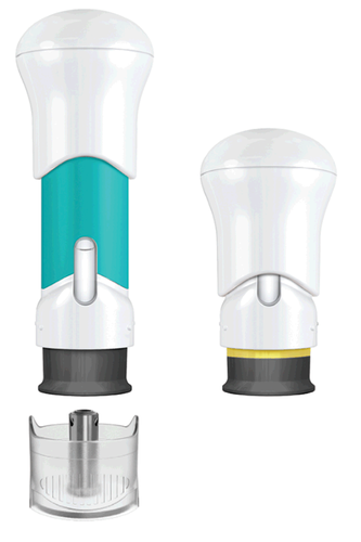 Dispositivo iniettore penna blu e bianco con due componenti separati e base metallica gialla e nera