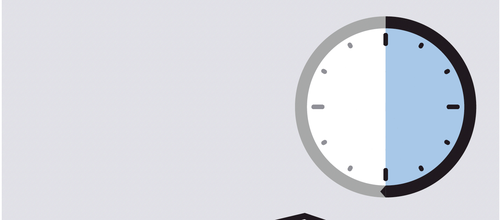 Cerchio diviso in due met&agrave;, una grigia e una azzurra, con punti neri lungo il bordo esterno che indicano le ore