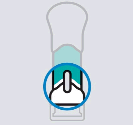 Penna iniettabile con dettaglio ingrandito del meccanismo di rilascio del farmaco e pulsante di attivazione circondato da un cerchio blu