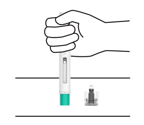 Penna per iniezione con ago di ricambio separato e tappo protettivo blu sotto il dispositivo