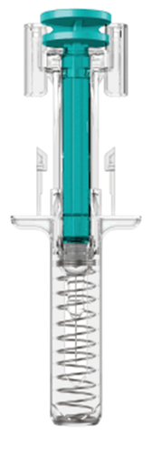 Dispositivo autoiniettante trasparente con stantuffo verde acqua e molla a spirale visibile all