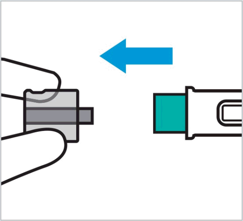Mano che collega un adattatore grigio a una cartuccia verde con una freccia blu che indica la direzione