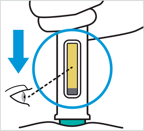 Penna precompilata con stantuffo giallo e ago, cerchio blu evidenzia l