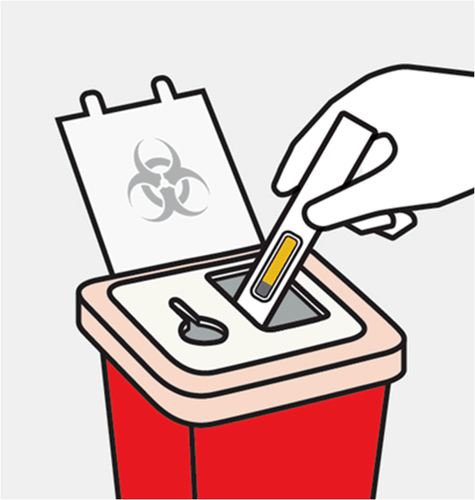 Mano che getta una penna da insulina usata in un contenitore rosso per rifiuti speciali con simbolo di bio pericolo