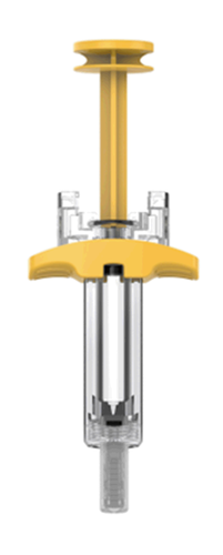 Siringa pre-riempita gialla e trasparente con ago protetto da cappuccio scorrevole e pistone visibile