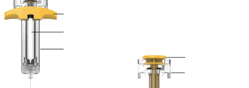 Siringa preriempita trasparente con stantuffo giallo e ago metallico, dettaglio del meccanismo di iniezione e del tappo protettivo