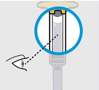 Siringa preriempita con stantuffo visibile ingrandito in cerchio e mano che la tiene con ago rivolto verso l