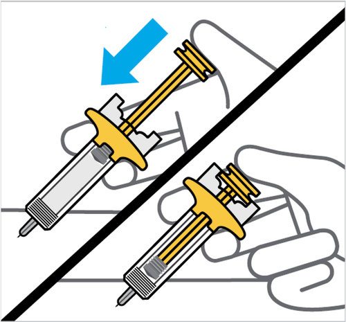 Siringa con ago inserito in un dispositivo di sicurezza giallo e nero freccia blu indica la direzione