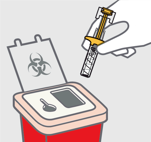 Mano che inserisce un dispositivo di iniezione giallo in un contenitore rosso per rifiuti biologici con simbolo di biohazard