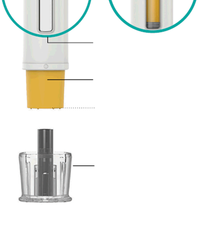 Penna iniettabile con stantuffo giallo e ago protetto da cappuccio trasparente e cilindrico