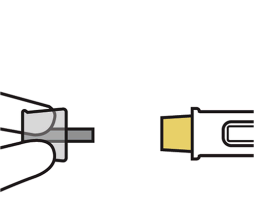 Siringa con ago protetto da cappuccio giallo a destra e sezione trasversale dell