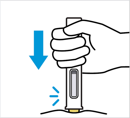 Mano che afferra un autoiniettore con freccia blu verso il basso e ago che penetra nella pelle