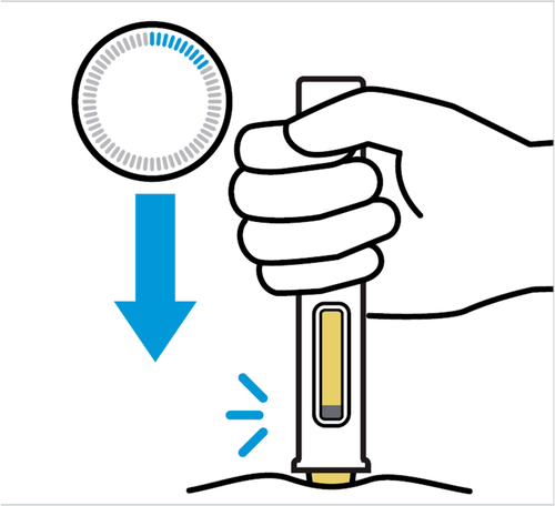 Mano che preme un dispositivo autoiniettante giallo con una finestra di livello del liquido e una freccia blu indica la direzione