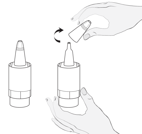 Mano che avvita un tappo su un flacone, con un altro flacone e tappo separati e una freccia che indica il movimento
