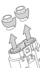 Fiala di vetro con tappo e due componenti di plastica rimossi con frecce direzionali verso l
