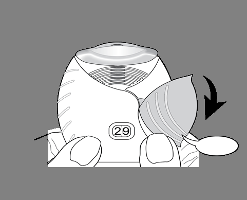 Dispositivo medico con cappuccio protettivo parzialmente rimosso da un corpo cilindrico numerato 29 freccia indica l