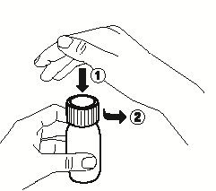Mano che tiene un flacone e una siringa preriempita con frecce nere che indicano i passaggi 1 e 2 per l