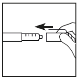 Siringa con ago che viene inserito nella pelle, freccia nera indica la direzione dell