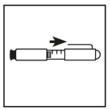 Penna iniettabile con scala graduata e ago collegato, freccia che indica la direzione di rotazione