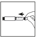 Siringa con ago inserito, freccia nera indica la direzione di iniezione, mano che tiene lo strumento per somministrazione del farmaco
