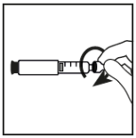 Siringa preriempita con ago, mano che ruota il dispositivo per preparare l