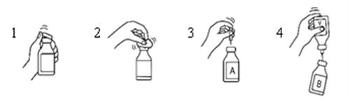 Fiala e solvente, ricostituzione del farmaco con ago, aspirazione del liquido e somministrazione tramite siringa