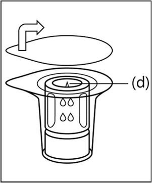 Dispositivo di iniezione con cappuccio protettivo sollevato e cilindro con due oblunghi verticali etichettato con la lettera d