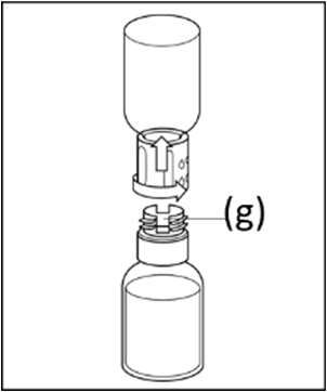 Fiala di vetro con liquido, tappo protettivo e connettore per infusione, freccia indica il movimento di assemblaggio