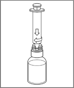 Fiala di vetro con liquido trasparente e adattatore per iniezione con freccia direzionale verso il basso
