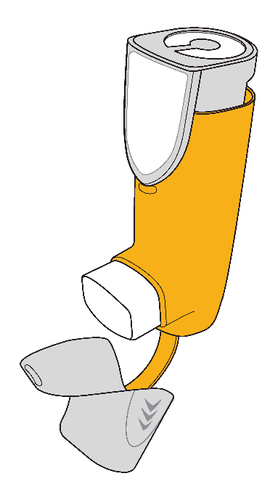 Inalatore di colore giallo e bianco con boccaglio e protezione trasparente aperta