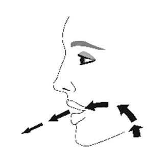 Profilo del viso con frecce nere che indicano la direzione di spruzzo del farmaco in bocca e verso la gola