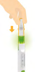 Penna iniettabile bianca e verde con indicatore arancione e freccia verso il basso per l