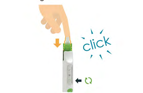 Penna iniettabile bianca e verde con freccia che indica la pressione e suono