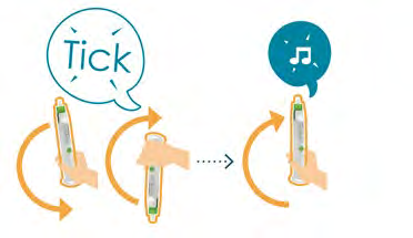 Dispositivo penna per iniezione con frecce arancioni che mostrano rotazione e attivazione con suono