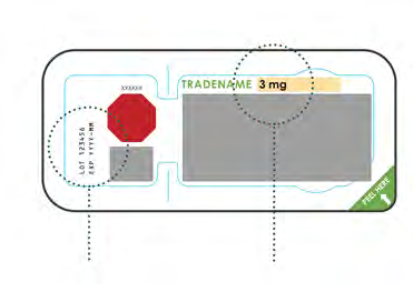 Confezione blister rettangolare bianca con indicazioni TRADENAME 3mg e simbolo di stop rosso, freccia verde