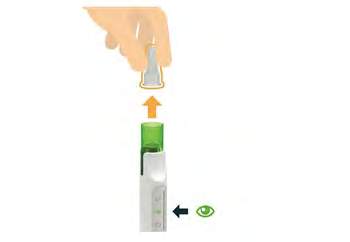 Penna iniettabile verde con ago protettivo trasparente e freccia che indica l