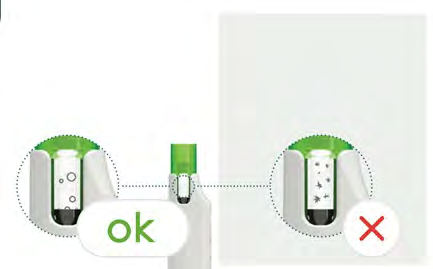 Due penne iniettabili con indicazione visiva corretta e scorretta del livello del farmaco e presenza di bolle d
