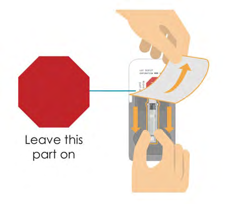 Mano che apre un blister farmaceutico con frecce gialle indicanti la direzione e un ottagono rosso con scritta