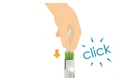 Mano che tiene un dispositivo penna per iniezione con ago visibile e freccia direzionale verso il basso indicante l